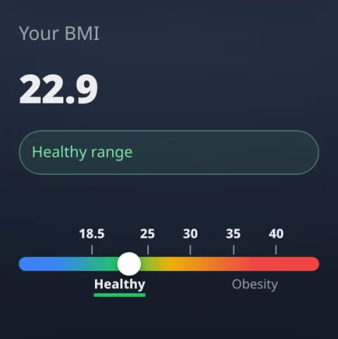 Example result: BMI 22.9, healthy range, marked on the BMI scale