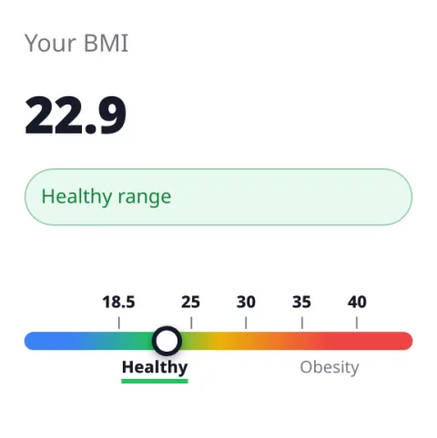 Example result: BMI 22.9, healthy range, marked on the BMI scale